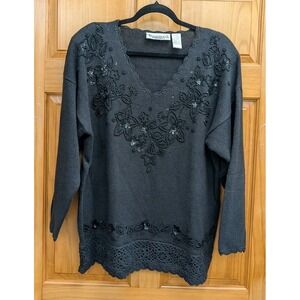 Vintage Trimmings Size 22W/42 Beaded Crochet Hem Black Sweater Tunic